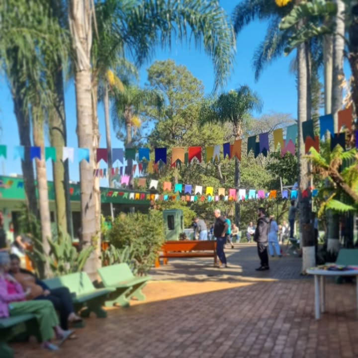 Área externa decorada para festa temática na clínica
